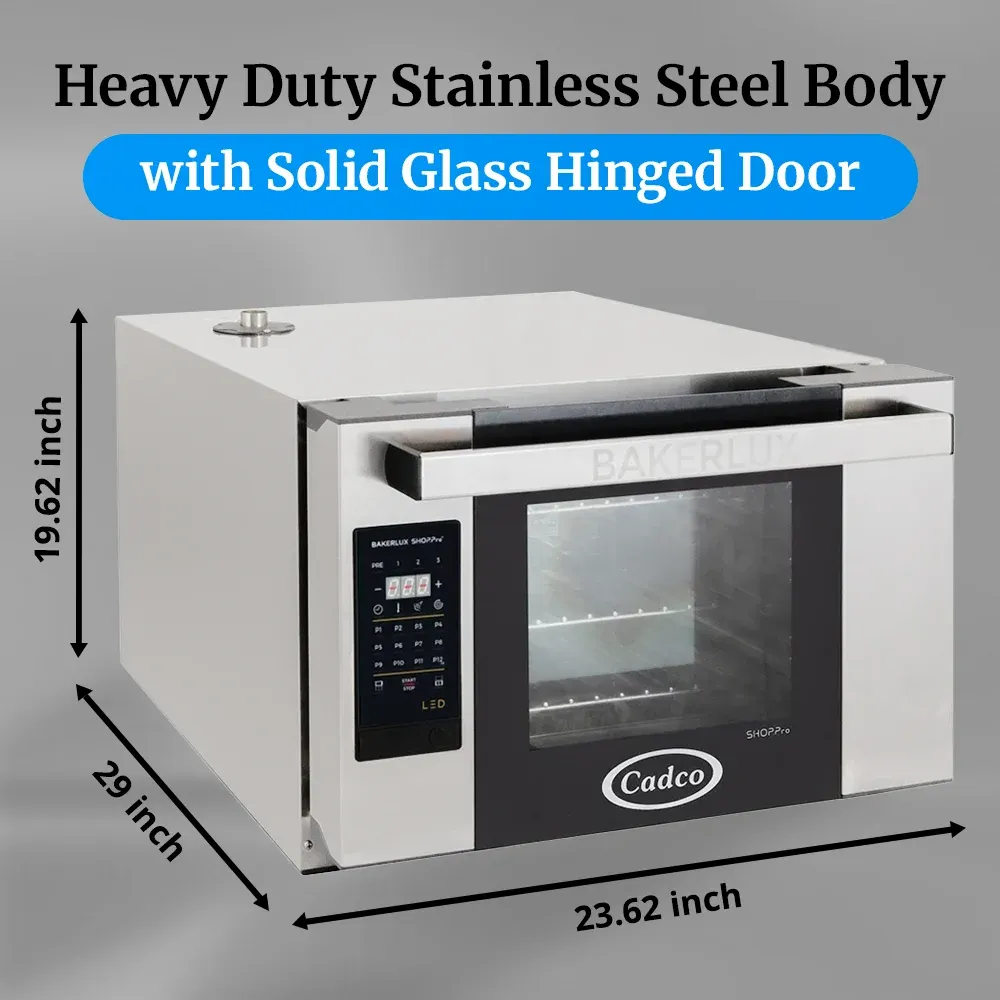 Cadco three-shelf half-size digital convection oven with LED control, stainless steel heavy-duty countertop commercial kitchen durable compact.