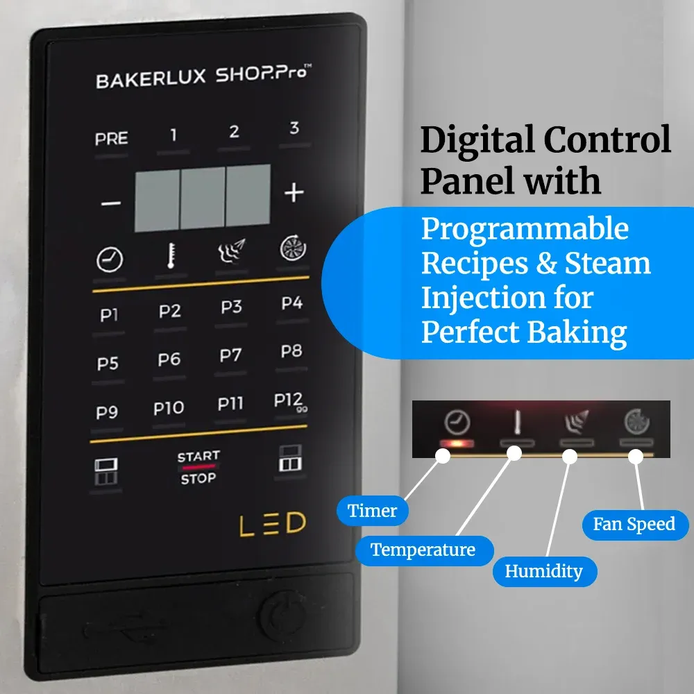 Cadco three-shelf half-size digital convection oven with LED control, stainless steel heavy-duty countertop commercial kitchen durable compact.