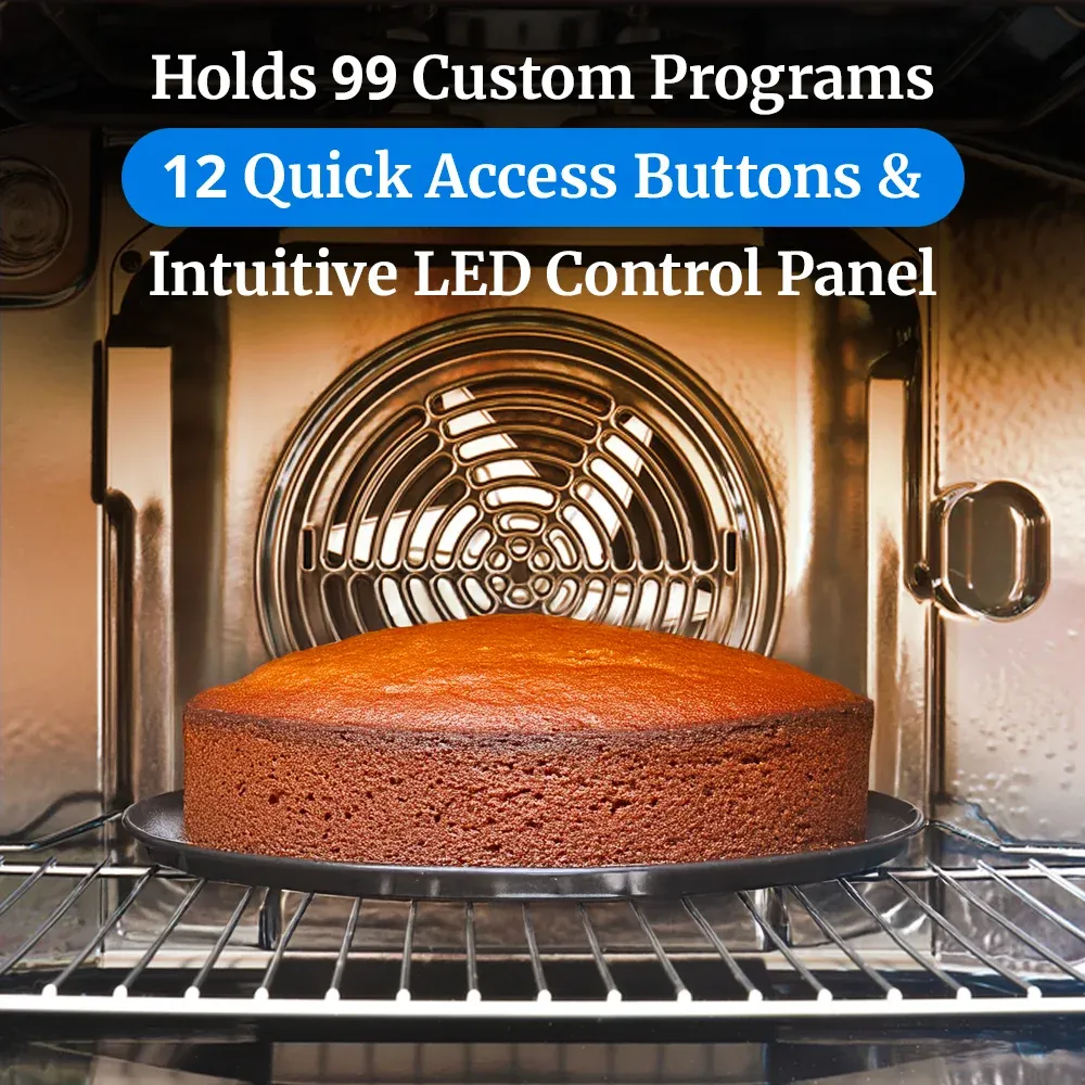 Cadco heavy-duty digital countertop convection oven, full-size with four shelves, stainless steel body, LED control panel, and long-lasting durability