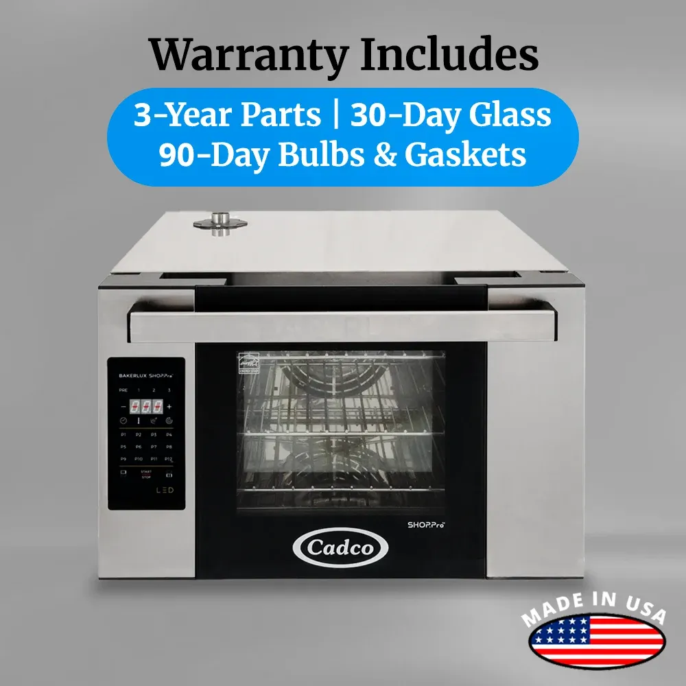 Cadco four-shelf half-size digital convection oven with LED control, stainless steel heavy-duty countertop commercial kitchen durable compact.