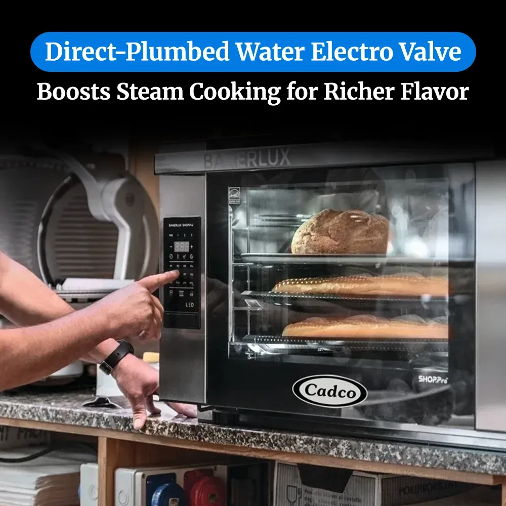 Cadco four-shelf half-size digital convection oven with LED control, stainless steel heavy-duty countertop commercial kitchen durable compact.