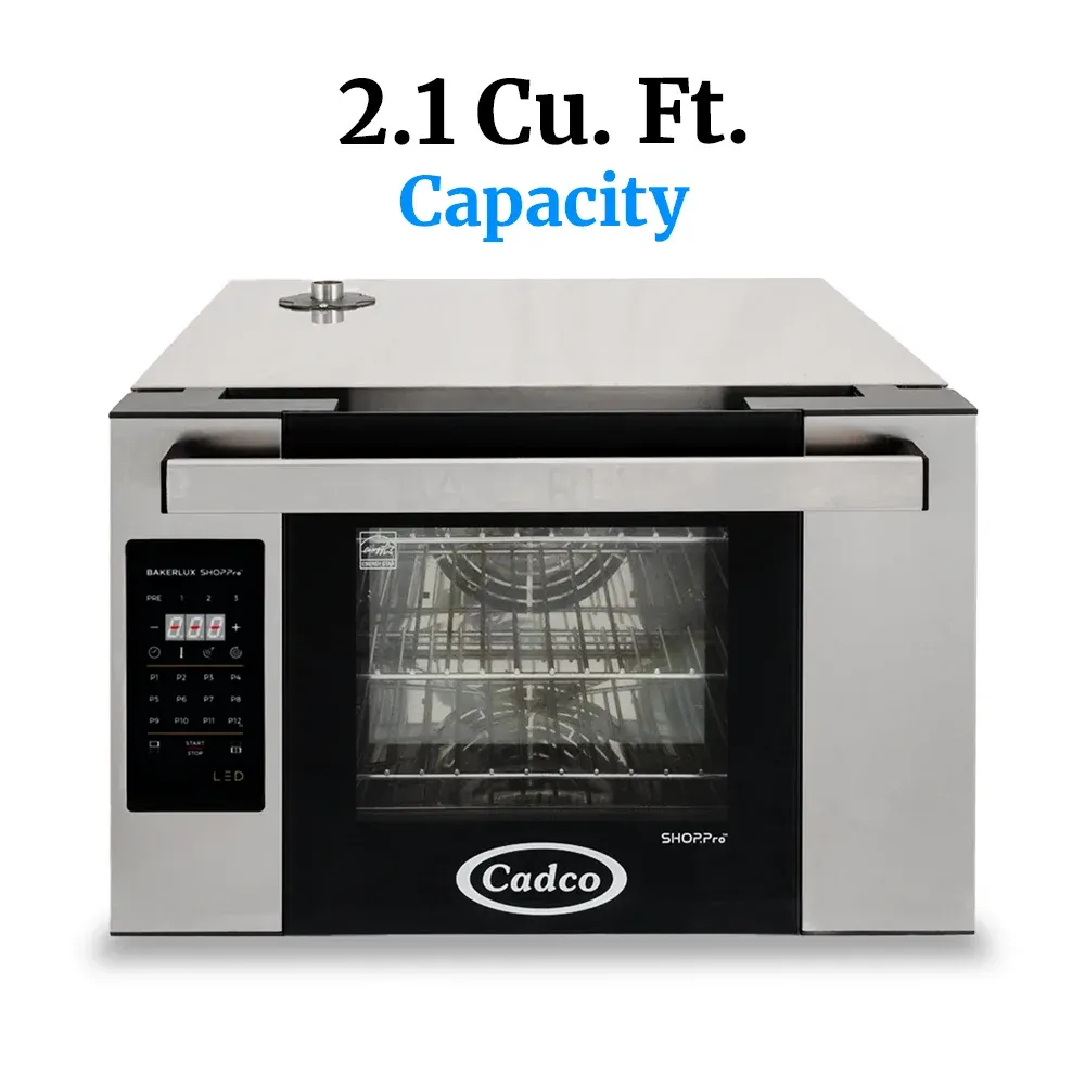 Cadco four-shelf half-size digital convection oven with LED control, stainless steel heavy-duty countertop commercial kitchen durable compact.