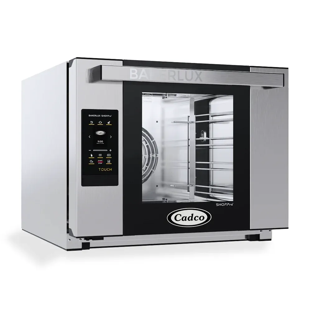 Cadco four-shelf heavy-duty convection oven in brushed stainless steel with digital controls bakes, roasts, and dehydrates with consistent airflow.