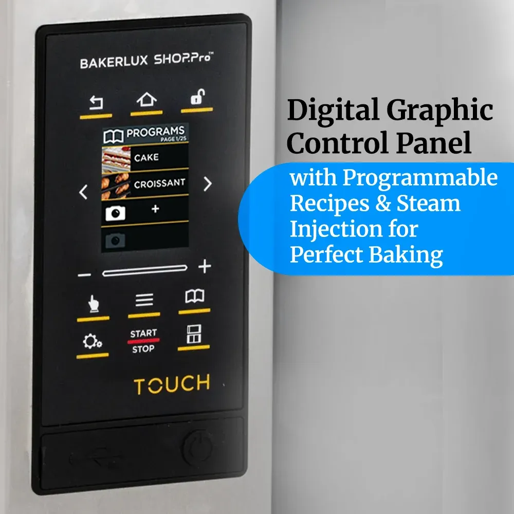 Cadco four-shelf heavy-duty convection oven in brushed stainless steel with digital controls bakes, roasts, and dehydrates with consistent airflow.