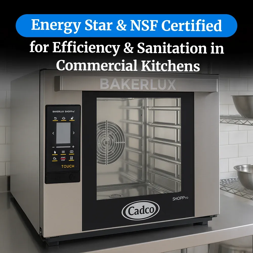 Cadco four-shelf heavy-duty convection oven in brushed stainless steel with digital controls bakes, roasts, and dehydrates with consistent airflow.