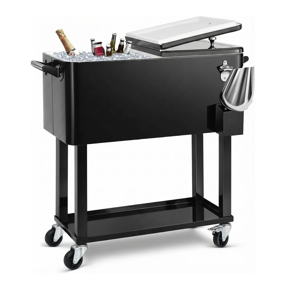 ServeCraft Series 80 Qt. Rolling Ice Chest Cooler Cart with Ice Scoop, Patio Backyard Bar Stand-Up Trolley