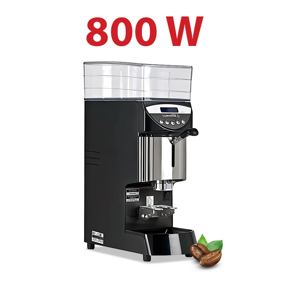 Nuova Simonelli Mythos Plus black espresso grinder with chrome accents and a large hopper sits on a café counter next to portafilters and stacked cup.