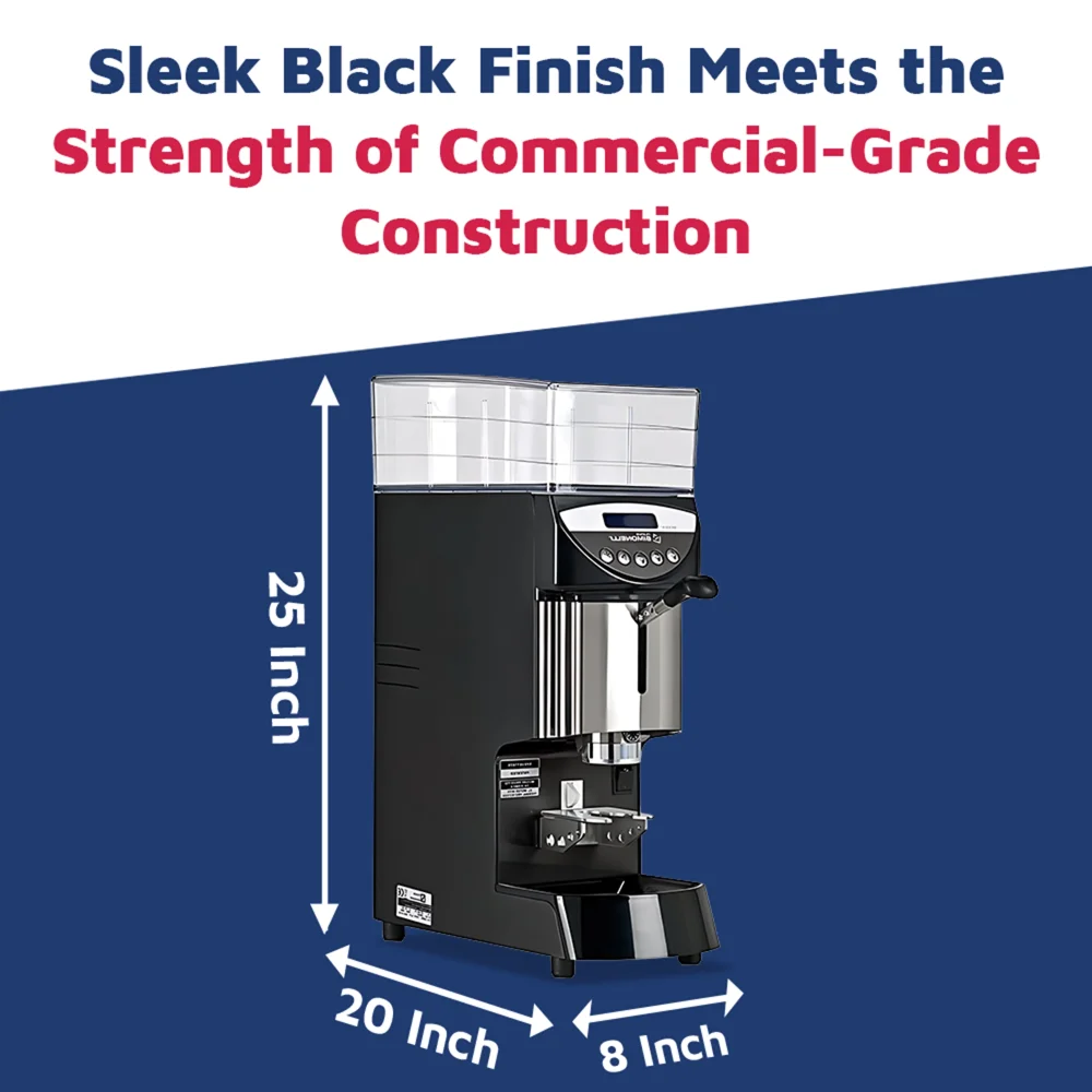 Nuova Simonelli Mythos Plus black espresso grinder with chrome accents and a large hopper sits on a café counter next to portafilters and stacked cup.