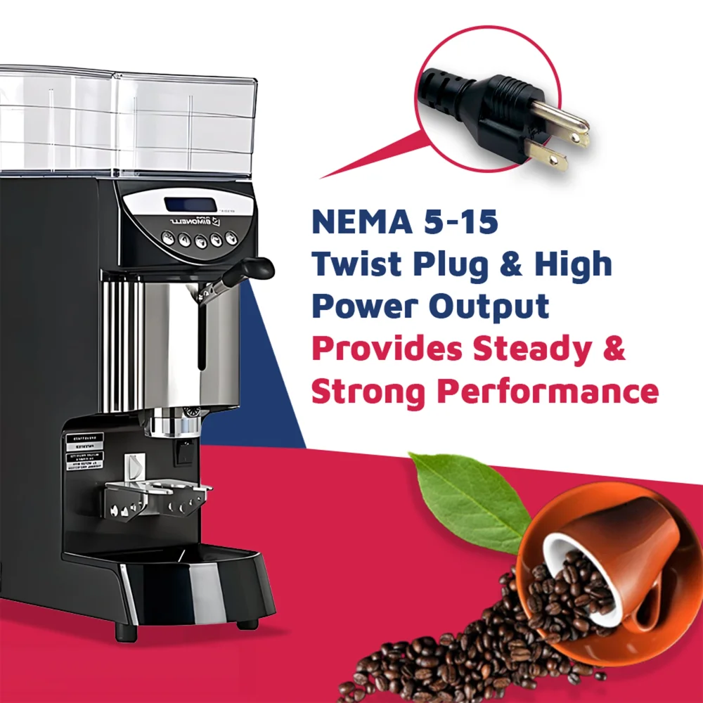 Nuova Simonelli Mythos Plus black espresso grinder with chrome accents and a large hopper sits on a café counter next to portafilters and stacked cup.