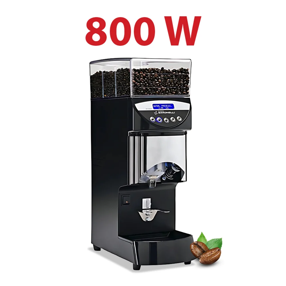 Nuova Simonelli Mythos Basic espresso grinder in matte black with large transparent hopper rests on a barista counter under soft, warm lighting.