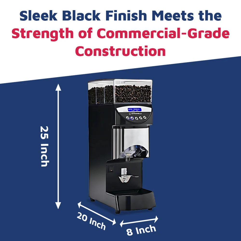 Nuova Simonelli Mythos Basic espresso grinder in matte black with large transparent hopper rests on a barista counter under soft, warm lighting.