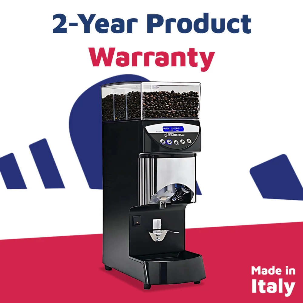 Nuova Simonelli Mythos Basic espresso grinder in matte black with large transparent hopper rests on a barista counter under soft, warm lighting.