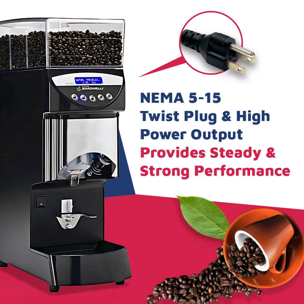 Nuova Simonelli Mythos Basic espresso grinder in matte black with large transparent hopper rests on a barista counter under soft, warm lighting.