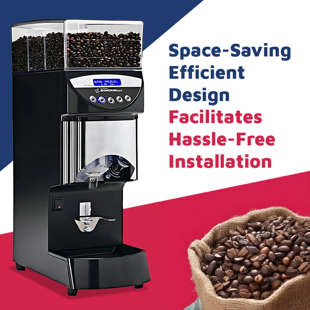 Nuova Simonelli Mythos Basic espresso grinder in matte black with large transparent hopper rests on a barista counter under soft, warm lighting.