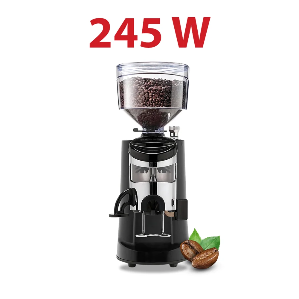 Nuova Simonelli polished aluminum espresso grinder doser with a clear bean-filled hopper rests on a clean coffee station, ready for precise daily use.
