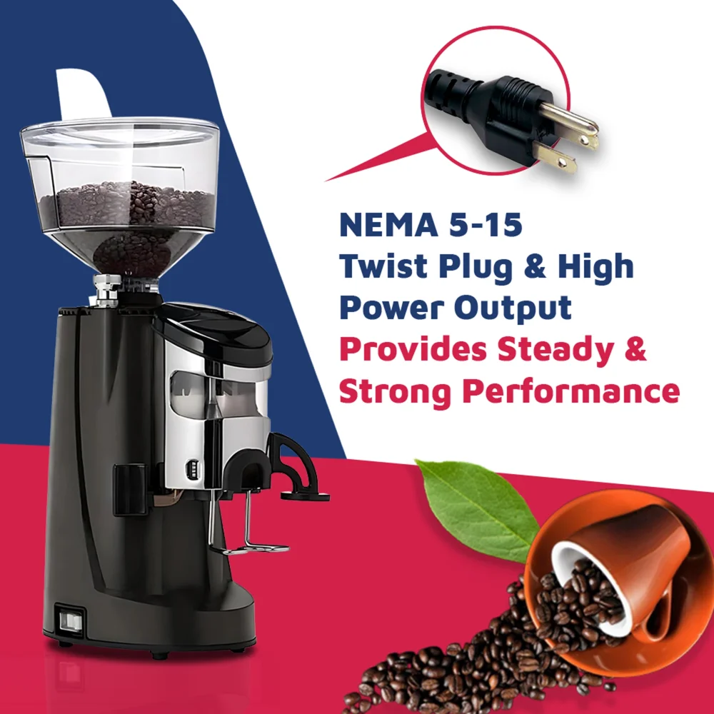Nuova Simonelli polished aluminum espresso grinder doser with a clear bean-filled hopper rests on a clean coffee station, ready for precise daily use.