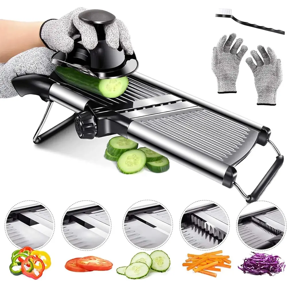 ChefCraft Series Food Slicer with Adjustable Thickness & Extra Brush and Blade Guard, 16.5" x 6.5" x 2.6", Stainless Steel