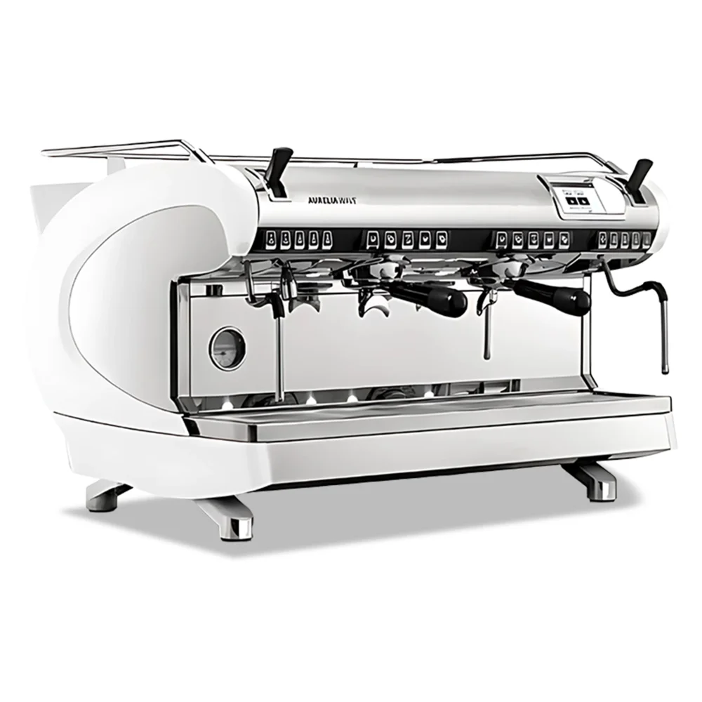 Nuova Simonelli two-group temperature-stable espresso machine with T3 tech and multi-boiler system delivers precise brewing in a compact café setup.