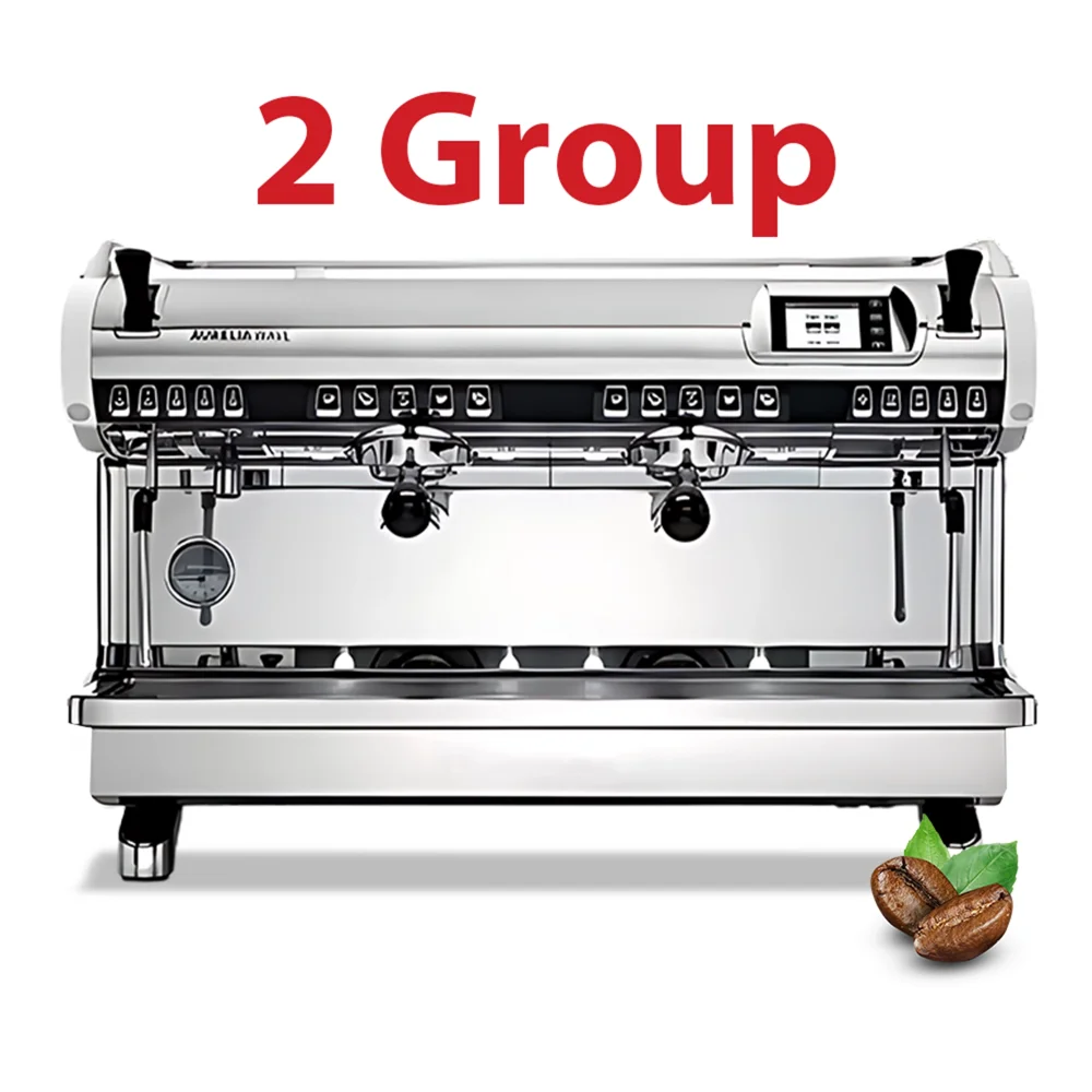 Nuova Simonelli two-group temperature-stable espresso machine with T3 tech and multi-boiler system delivers precise brewing in a compact café setup.