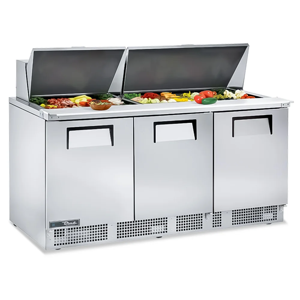 True large sandwich and salad prep table with three doors and a refrigerated base, perfect for high-volume restaurants needing ample cold storage.