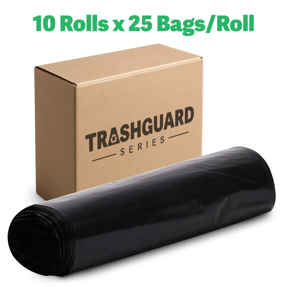 TrashGuard Series 33 Gallon 0.79 MIL 33" x 39" High-Density Black Trash Bag / Can Liner, 250 Bags/Case