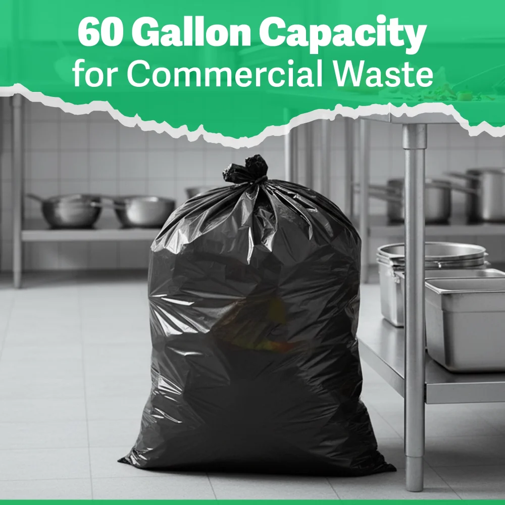 TrashGuard Series 60 Gallon 2.0 EQ MIL 38" x 58" Low-Density Black Trash Bag / Can Liner, 100 Bags/Case