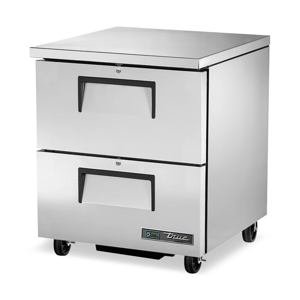 True compact undercounter freezer with two drawers, stainless steel and aluminum build delivers reliable frozen storage in space-saving design.