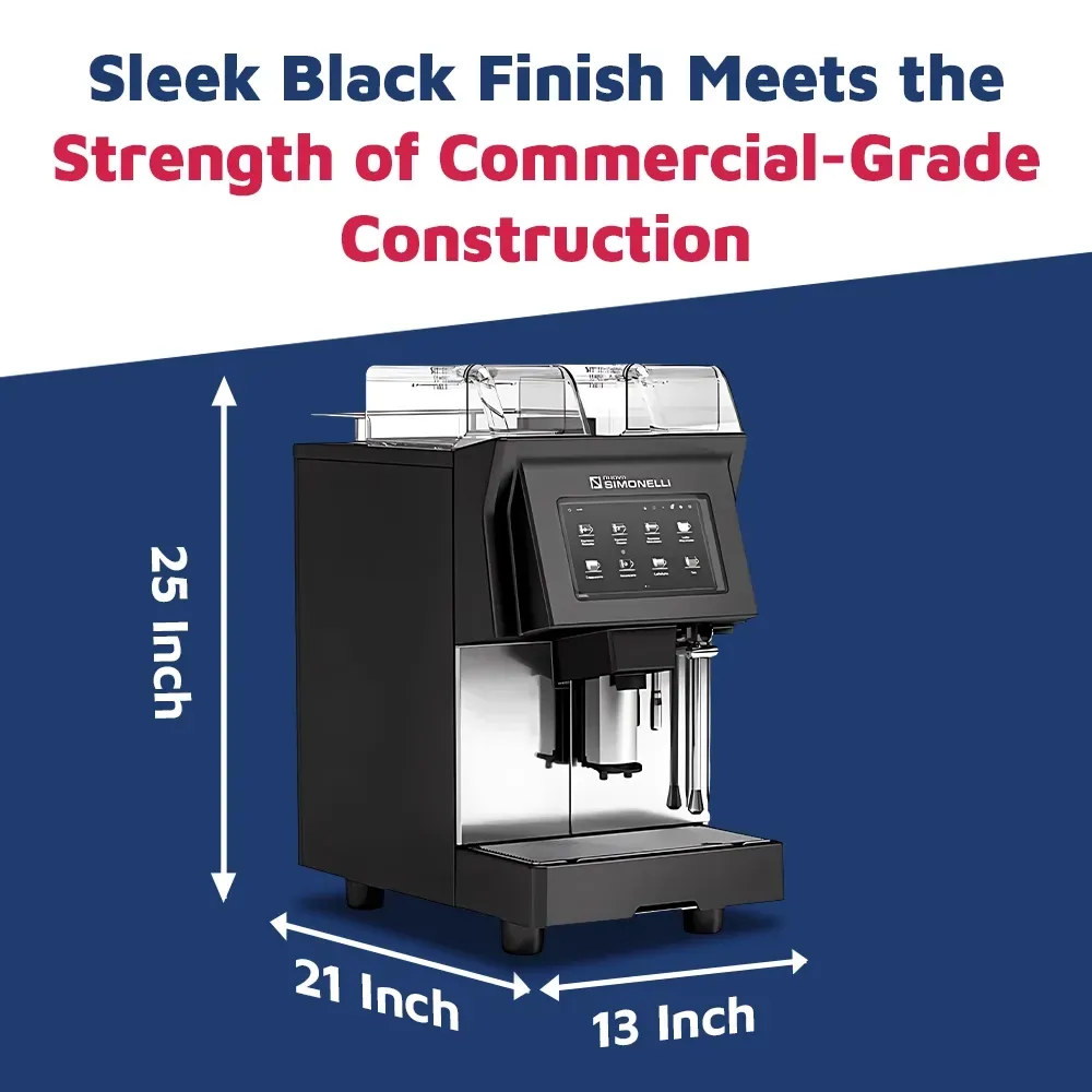 Nuova Simonelli touchscreen super-automatic espresso machine with built-in grinder and milk frother in compact stainless steel for easy operation.