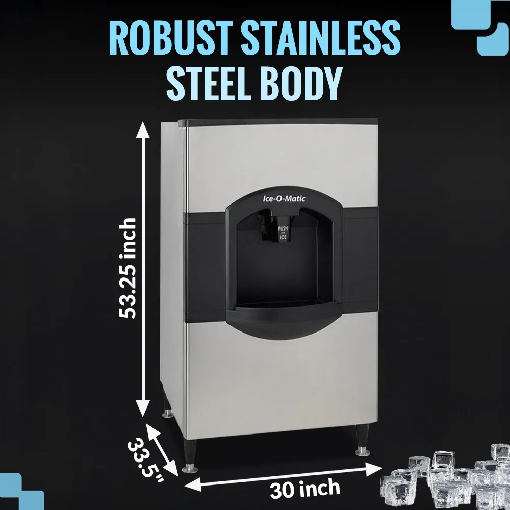Ice-O-Matic floor model water cube ice dispenser with built-in storage, ideal for easy ice access in restaurants, bars, and cafes.