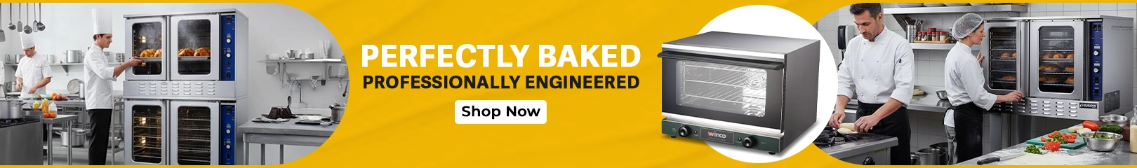 Commercial convection ovens in a professional kitchen with chefs baking and preparing food, shown with a banner promoting perfectly baked results.