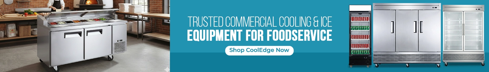 CoolEdge commercial refrigeration equipment including sandwich prep table, beverage cooler, reach-in refrigerator, and glass door freezer for restaurant and foodservice kitchens.