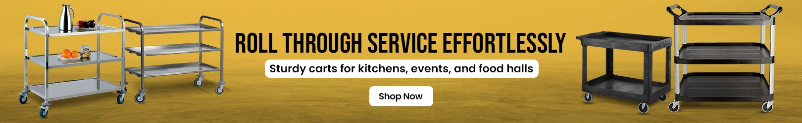 Various metal and plastic storage carts with multiple shelves and wheels, displayed on a solid mustard yellow textured background.