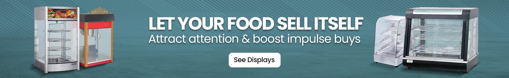 Variety of commercial food display and merchandising units on a teal background, ideal for showcasing baked goods, snacks, and beverages.