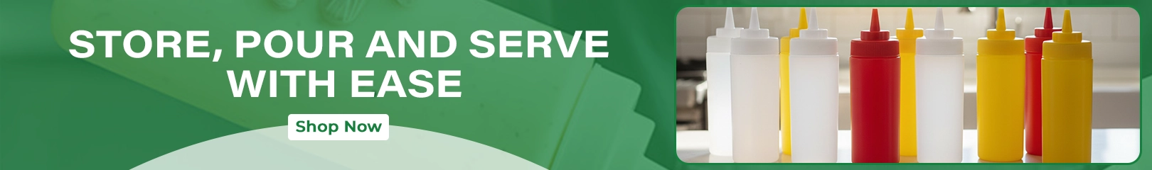 Assorted squeeze bottles in white, yellow, and red colors arranged on a countertop, shown with a banner promoting easy storing, pouring, and serving.