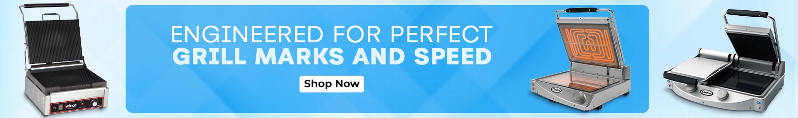 Commercial panini and contact grills shown open to display grill plates and heating elements, with a banner highlighting perfect grill marks and fast cooking.