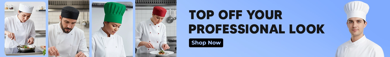 Chefs wearing different styles and colors of chef hats while preparing food, shown with a banner promoting professional kitchen headwear.