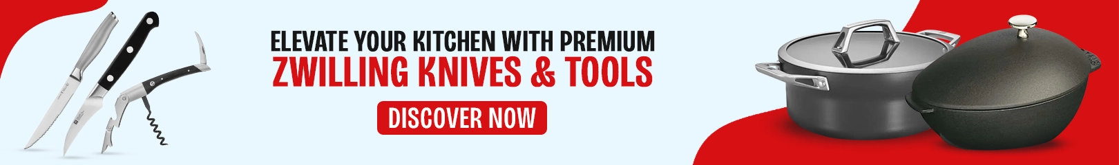 Zwilling premium kitchen knives, corkscrew, and cookware set including stock pot and casserole dish for professional restaurant and home kitchen use.