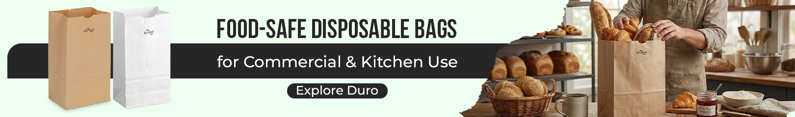 Duro food-safe disposable paper bags for bakery, takeaway, and commercial kitchen packaging with fresh bread and pastries.