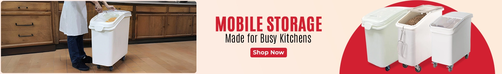 Mobile food storage bins on wheels used in a kitchen, shown with different bin sizes and a banner promoting mobile storage for busy kitchens.