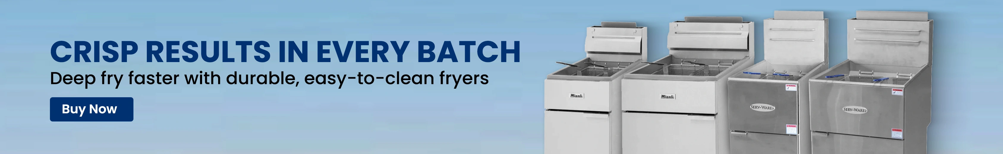 Four commercial stainless steel deep fryers with dual baskets, displayed on a gradient blue background, ideal for high-volume kitchens.