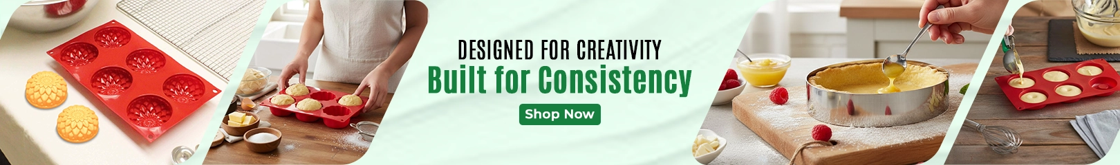 Silicone baking molds and pastry tools used in a kitchen for making cupcakes, tarts, and cookies, with a banner reading ‘Designed for Creativity, Built for Consistency’ and a Shop Now button.