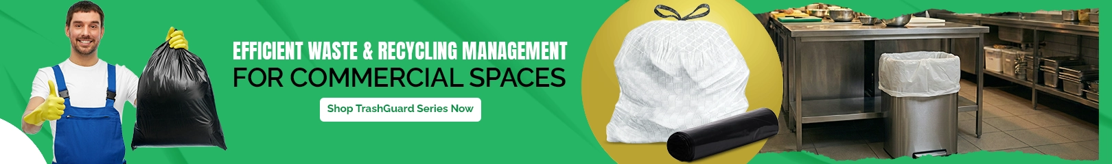 TrashGuard commercial trash bags and waste management supplies with stainless steel bins for efficient recycling and garbage disposal in restaurants and commercial kitchens.