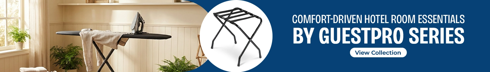 GuestPro Series hotel room essentials featuring ironing board and foldable luggage rack for guest convenience in hospitality and hotel rooms.