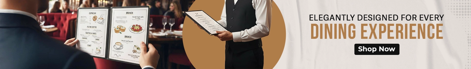 Customers and a server holding restaurant menus in an upscale dining setting, shown with a banner promoting elegant menu designs for every dining experience.