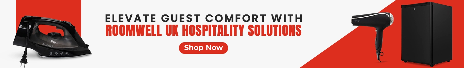 Roomwell UK hospitality products displayed for guest comfort, including a steam iron, hair dryer, and compact minibar for hotels and accommodations