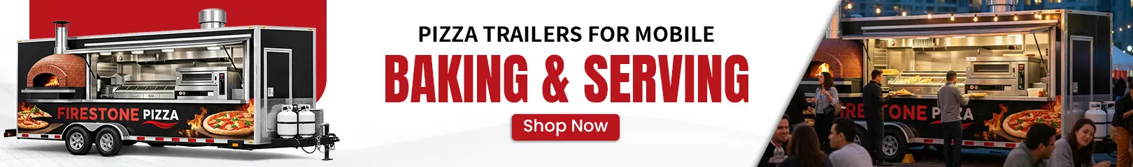 Pizza trailers for mobile baking and serving with wood-fired pizza oven and fully equipped commercial kitchen