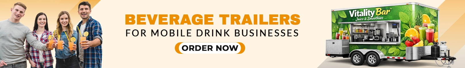 Beverage trailers for mobile drink businesses with fully equipped juice and smoothie trailer and people holding fresh beverages