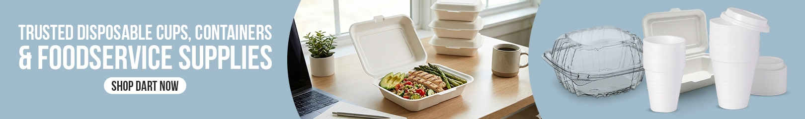 Dart disposable food containers, takeaway boxes, foam cups, and clear plastic clamshell packaging for restaurants, cafés, and food delivery services.