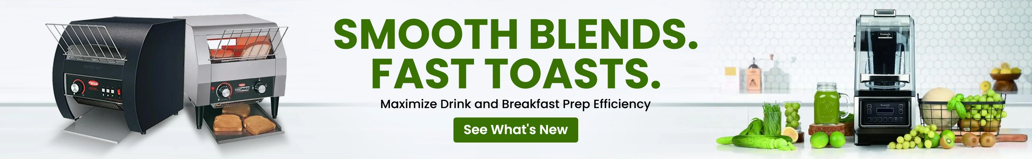 Commercial blender and conveyor toasters displayed side by side with fresh fruits,bread,kitchen setup showcasing drink and breakfast prep efficiency.