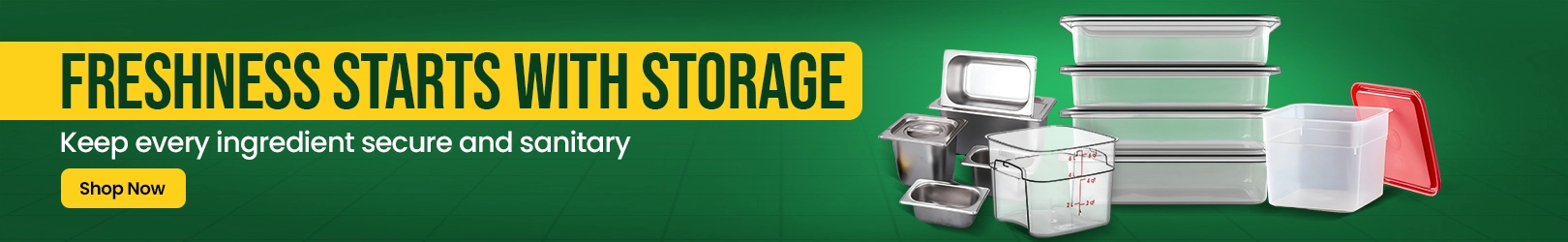 Assorted commercial food storage boxes, containers covers on a green textured background, designed to keep ingredients fresh, secure, and sanitary.